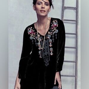 Johnny Was Velvet Embroidered Black Tunic Top 2X Plus Whimsical Silk Rayon Blend